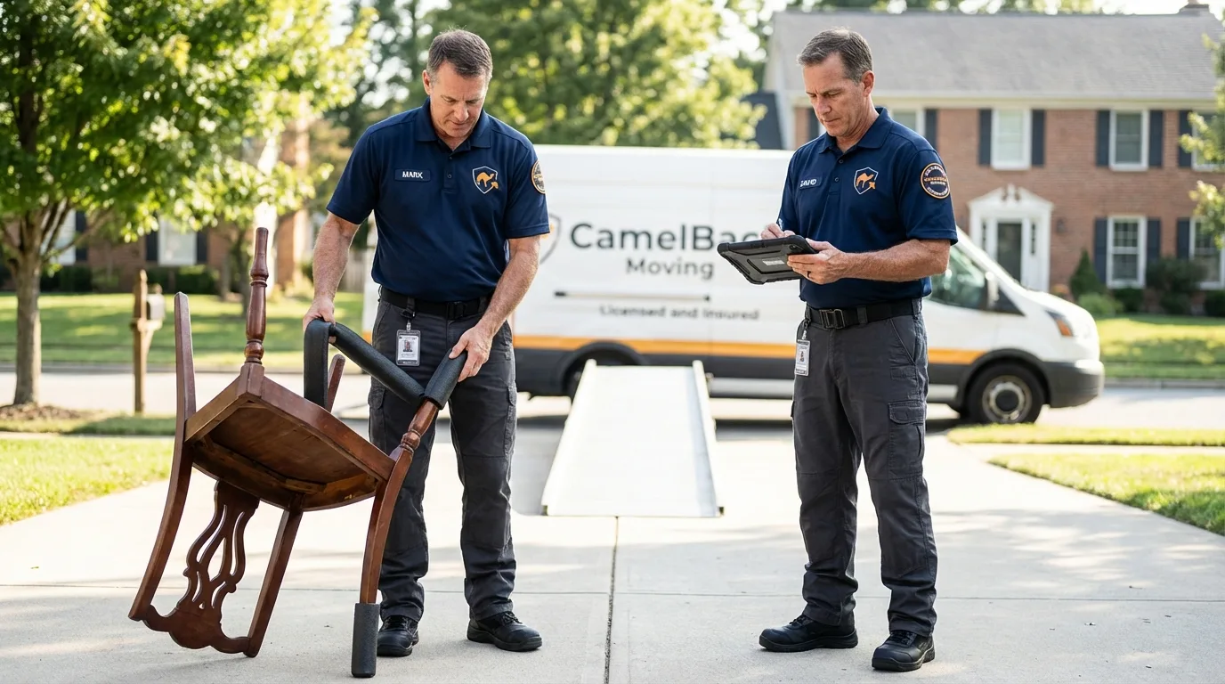 Movers inspecting furniture for damage prevention before loading in Mount Vernon, AL