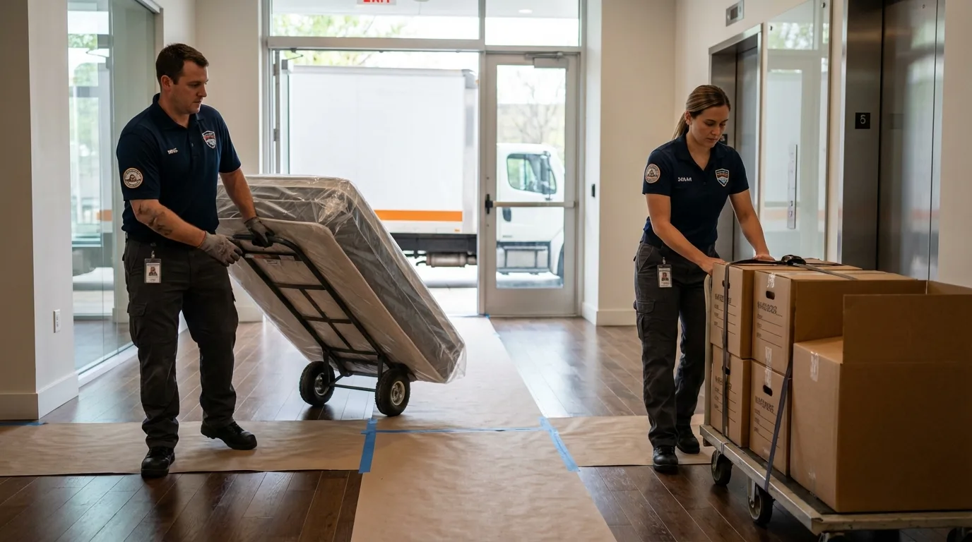 Professional apartment movers loading elevator in Mount Vernon, AL