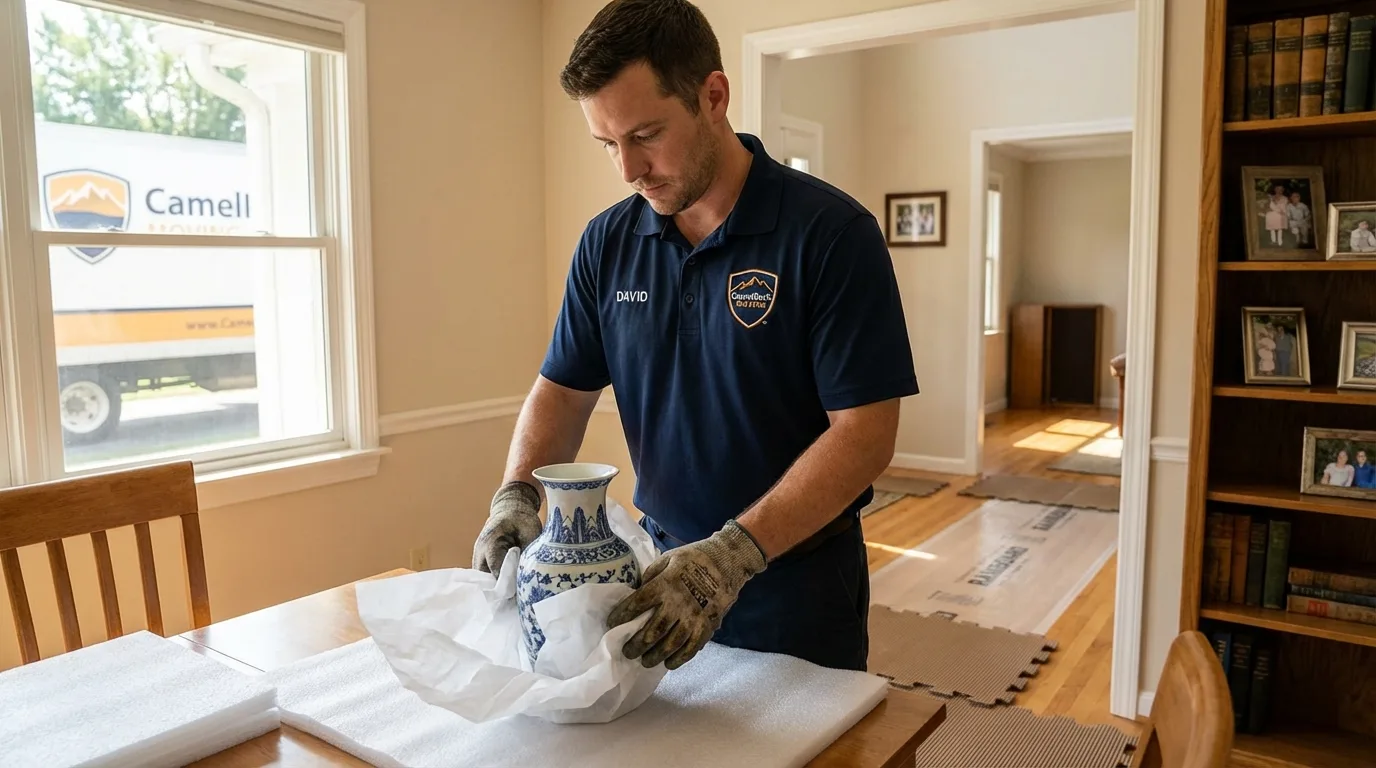 Professional crew carefully wrapping antique vase for senior downsizing move in Mount Vernon, AL